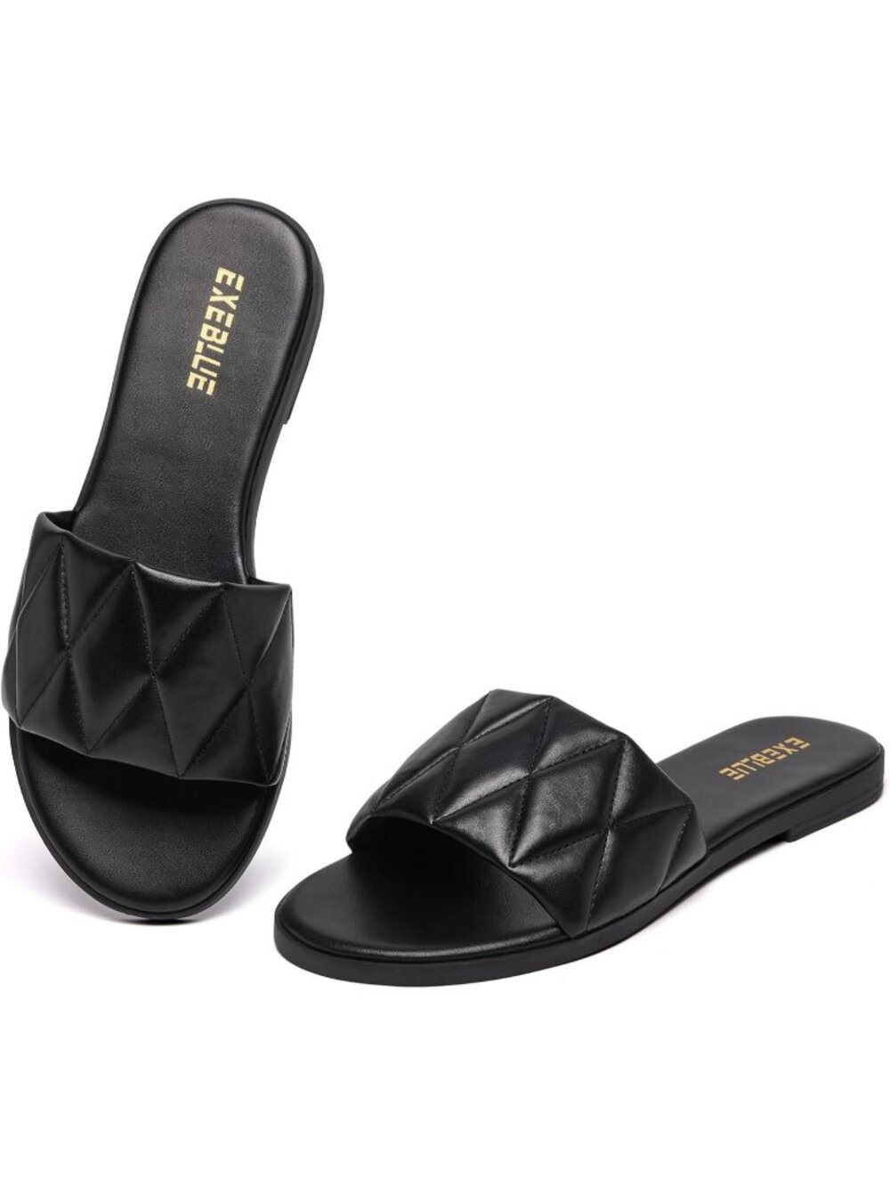 Women's Black Quilted Open Toe Slip On Flats Sandals Slide Summer Beach Shoes